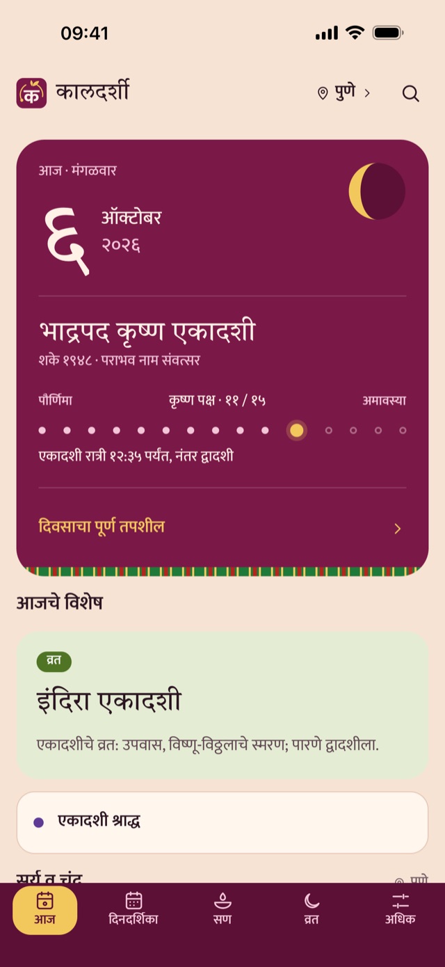 Today screen showing tithi, paksha and the day's vrat